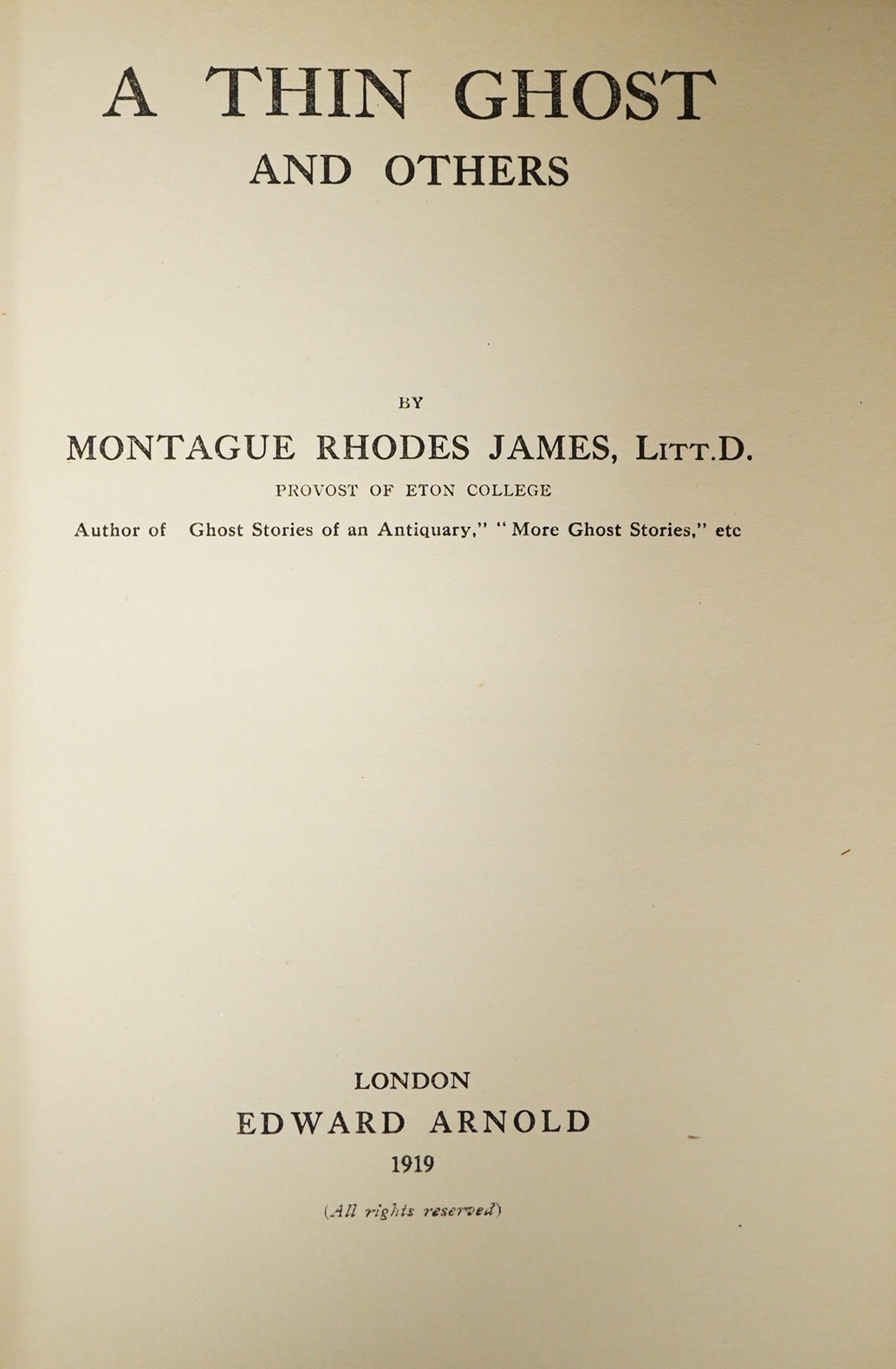 James, Montague Rhodes - A Thin Ghost and Others. first edition. half title; original black and white pictorial cloth, cr. 8vo. Edward Arnold, 1919